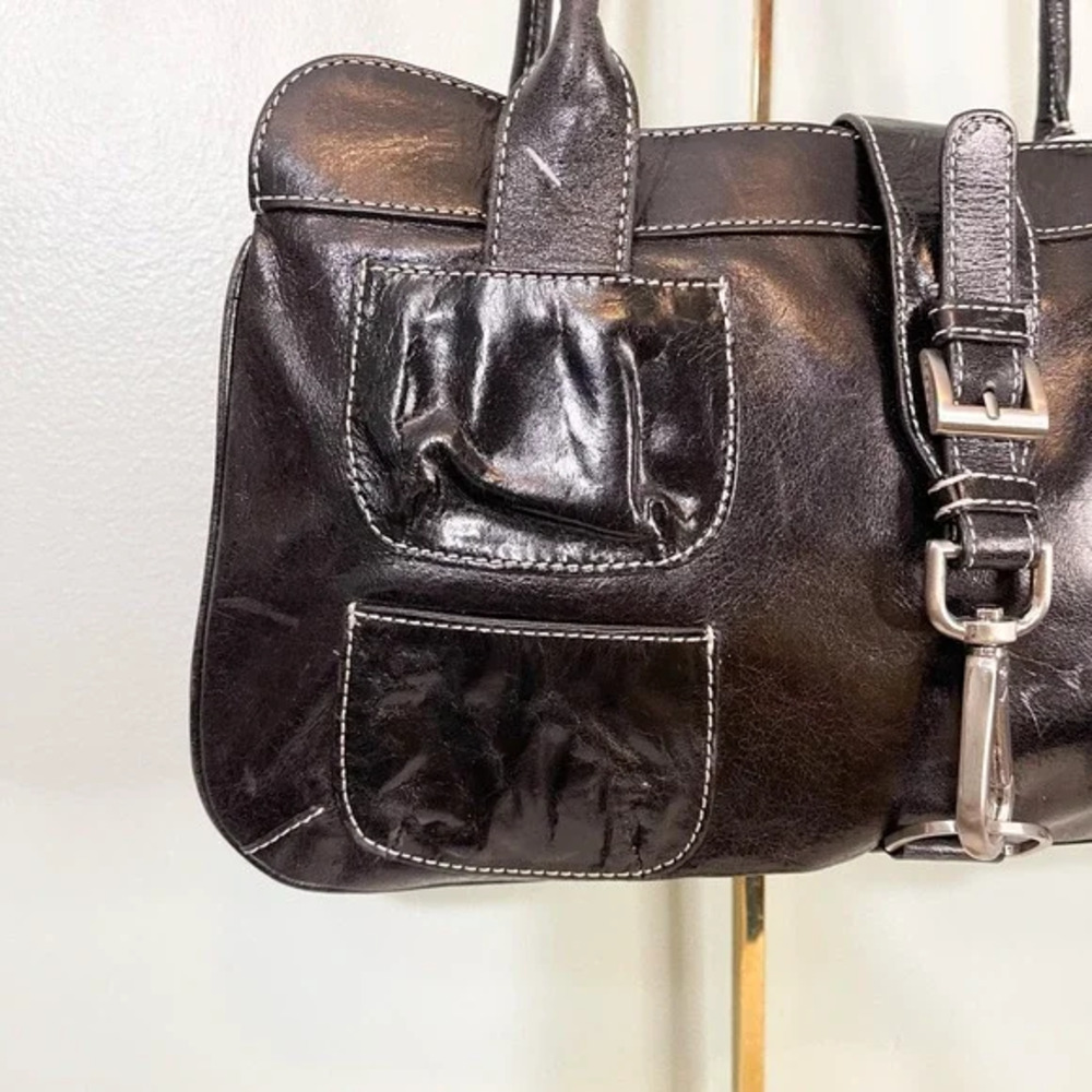 Hype Satchel Shoulder Bag Black Patent Leather Multi Pocket Handbag Purse Buckle - Picture 4 of 10